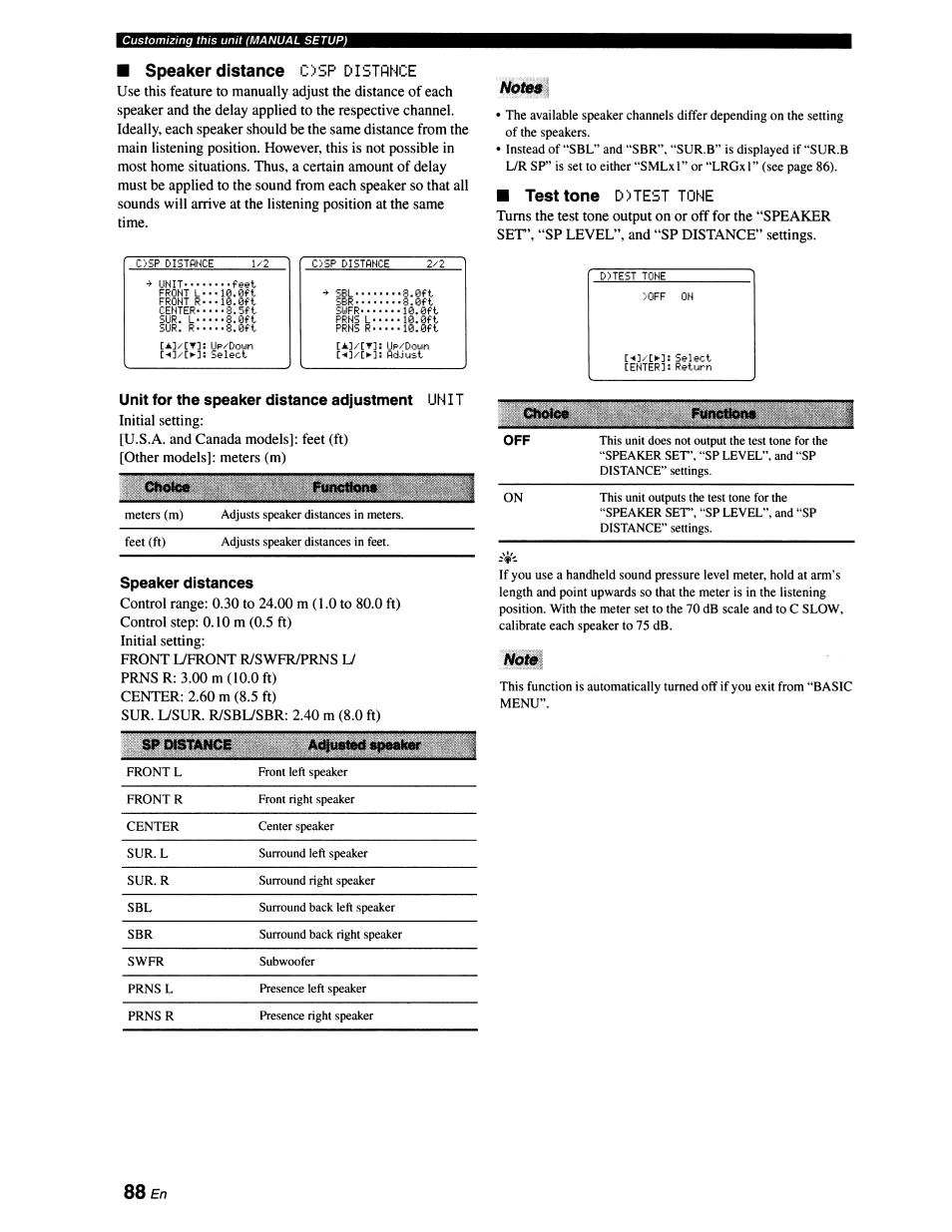 Unit for the speaker distance adjustment un it, Notes, Test tone d>test tone | 88 en, Chokm | Yamaha RX-V663 User Manual | Page 92 / 151
