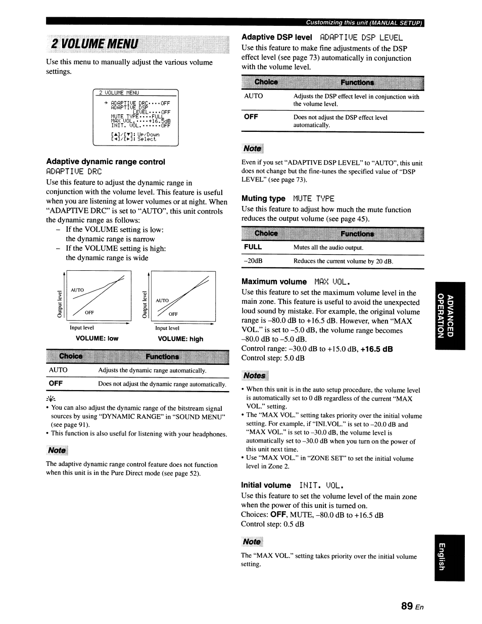 2 volume menu, Adaptive dynamic range control, Adaptiue drc | Notm, Choice, Maximum volume max uol, Notes, Initial volume ihit. uol, Note, Chokm | Yamaha RX-V663 User Manual | Page 93 / 151