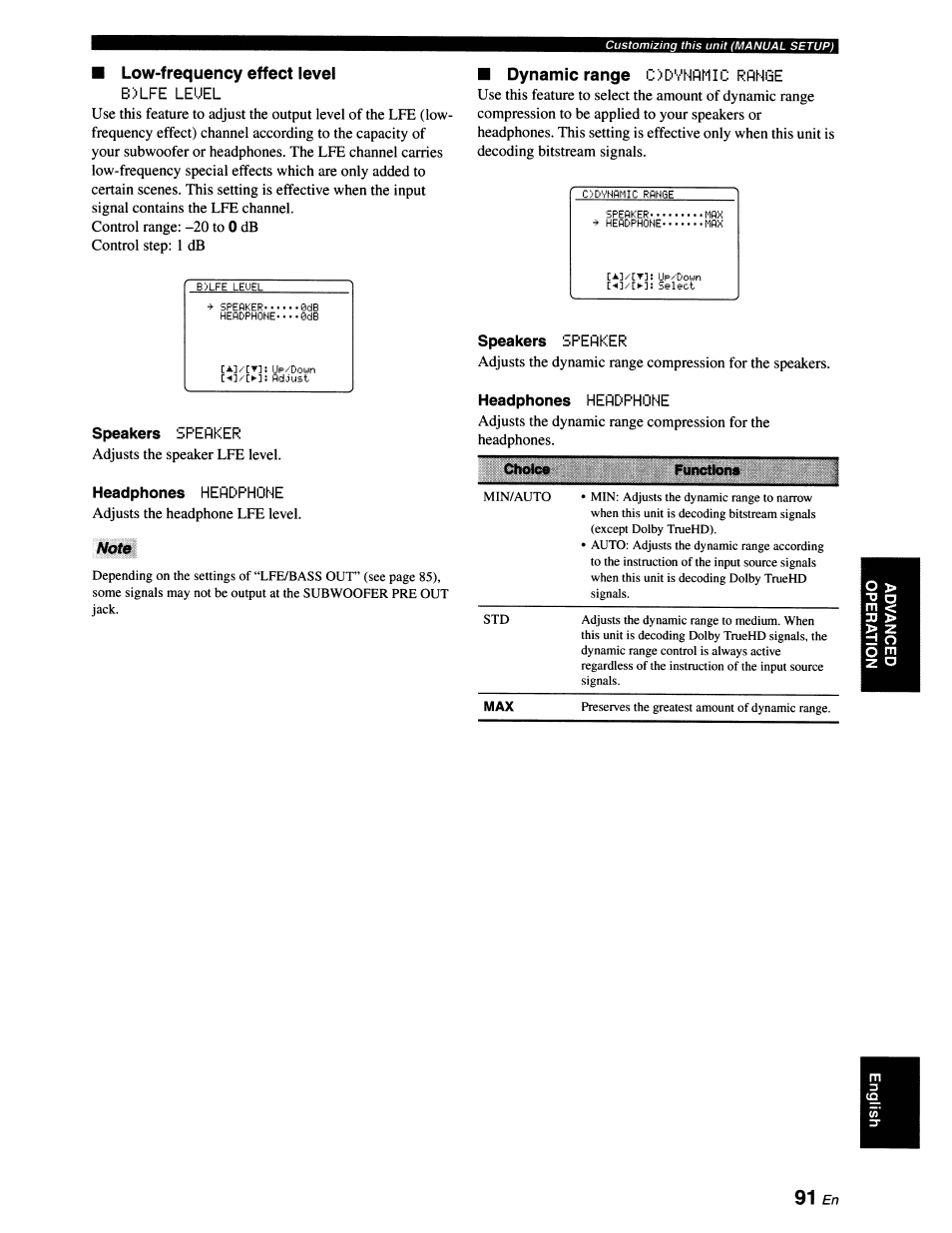 Low-frequency effect level, B>lfe leuel, Dynamic range odvhfirilc range | Speakers speaker, Headphones headphone, Vote, Db control step: 1 db, Adjusts the speaker lfe level, Adjusts the headphone lfe level | Yamaha RX-V663 User Manual | Page 95 / 151