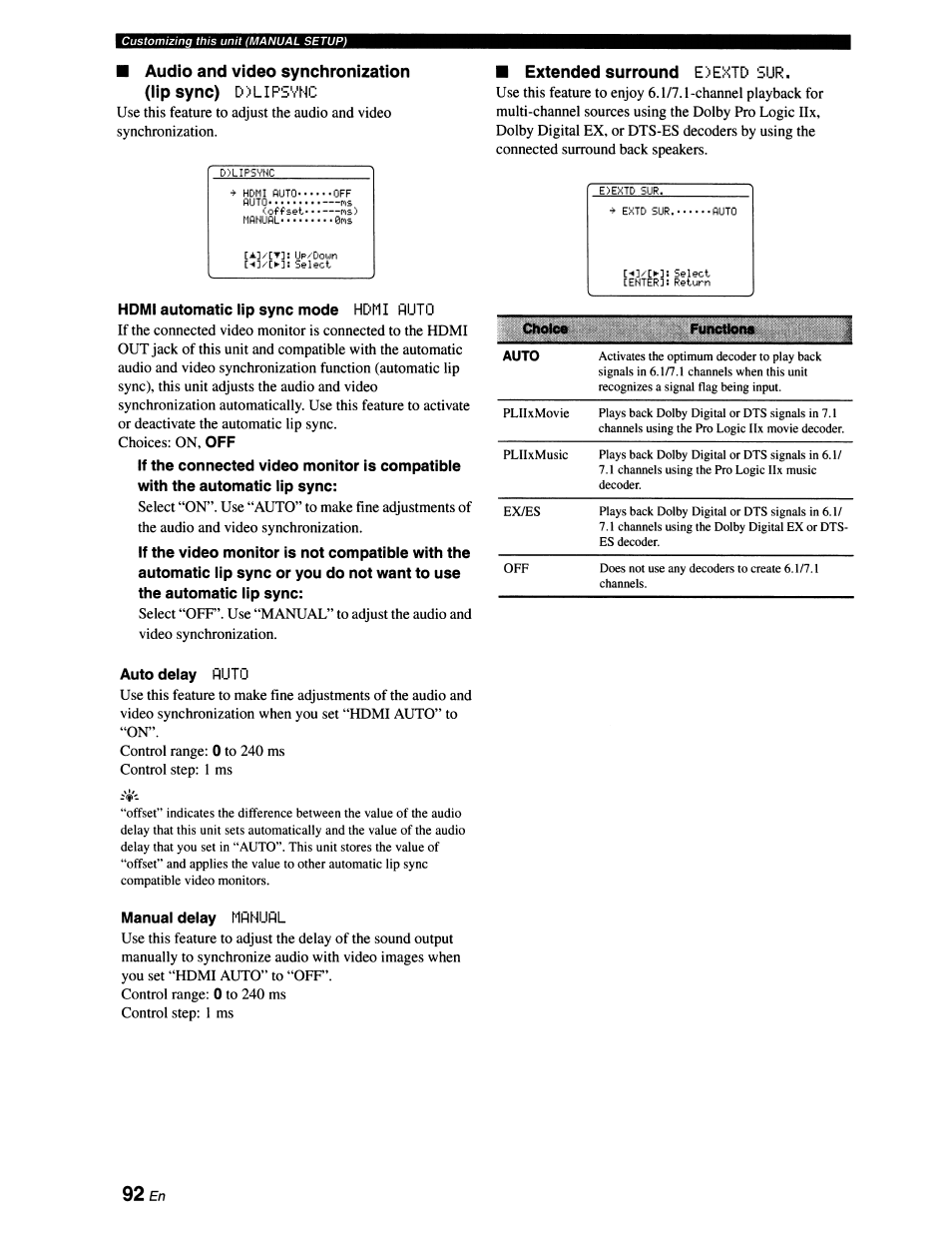 Extended surround e>etitd sur, Auto delay puto, Manual delay mpnupl | Audio and video synchronization (lip sync), Extended surround | Yamaha RX-V663 User Manual | Page 96 / 151