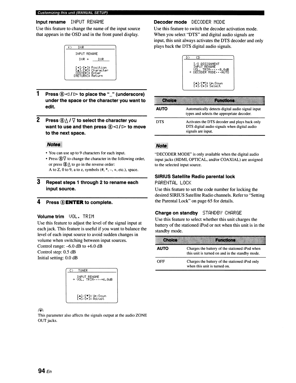 Input rename input rename, Nates, 4 press ® enter to complete | Volume trim uol. trim, Not0, Sirius satellite radio parental lock, Parental lock, 94 en, Enter | Yamaha RX-V663 User Manual | Page 98 / 151