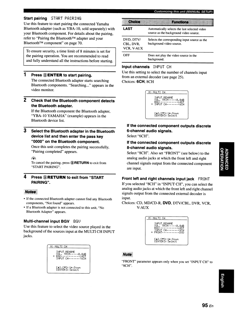 Notes, Not0, Enter | Dreturn, Start pairing, Input ch, Front | Yamaha RX-V663 User Manual | Page 99 / 151