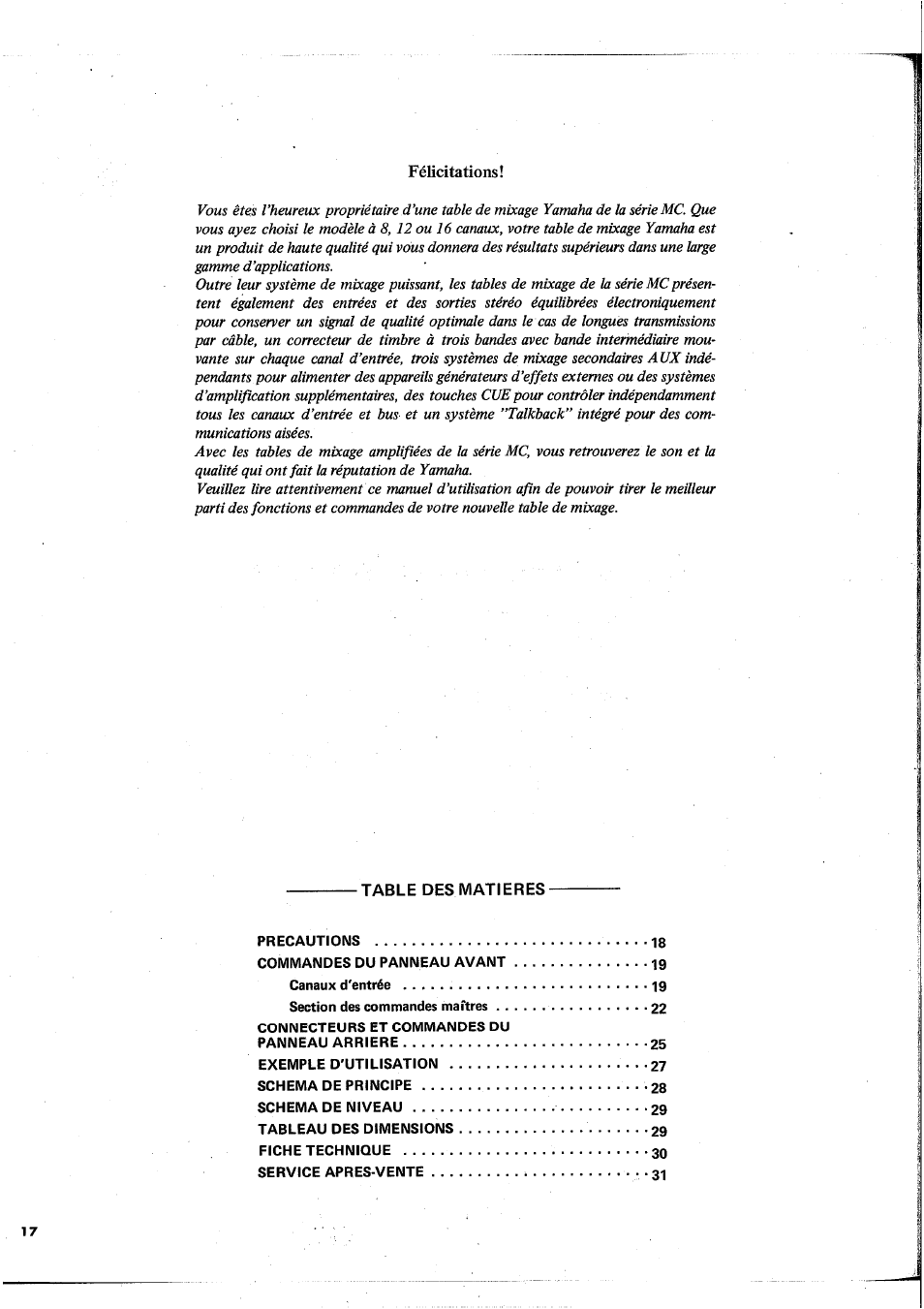 Félicitations, Table des matieres | Yamaha MC1602 User Manual | Page 18 / 48