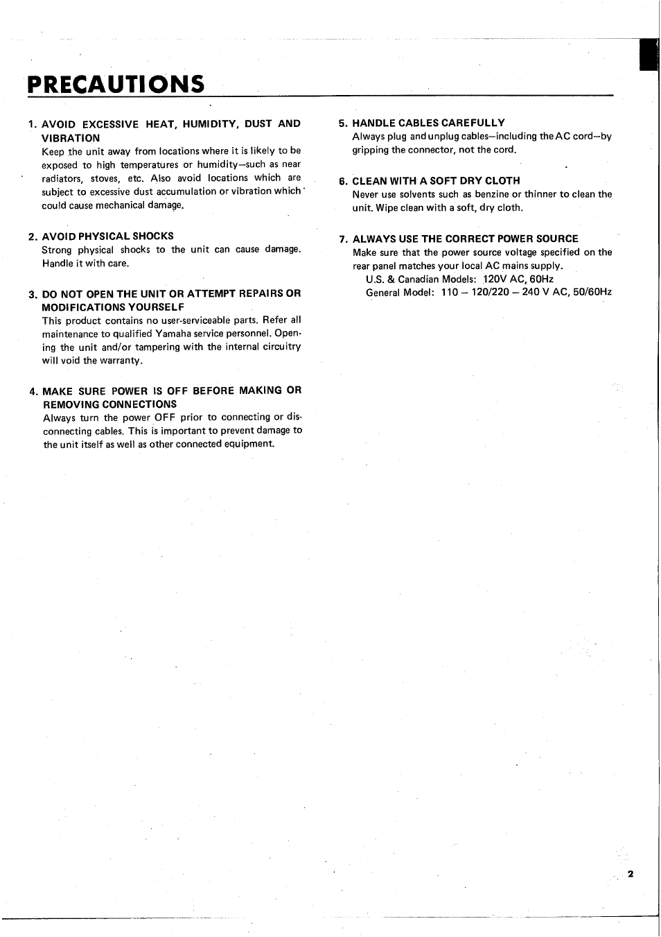 Precautions | Yamaha MC1602 User Manual | Page 3 / 48