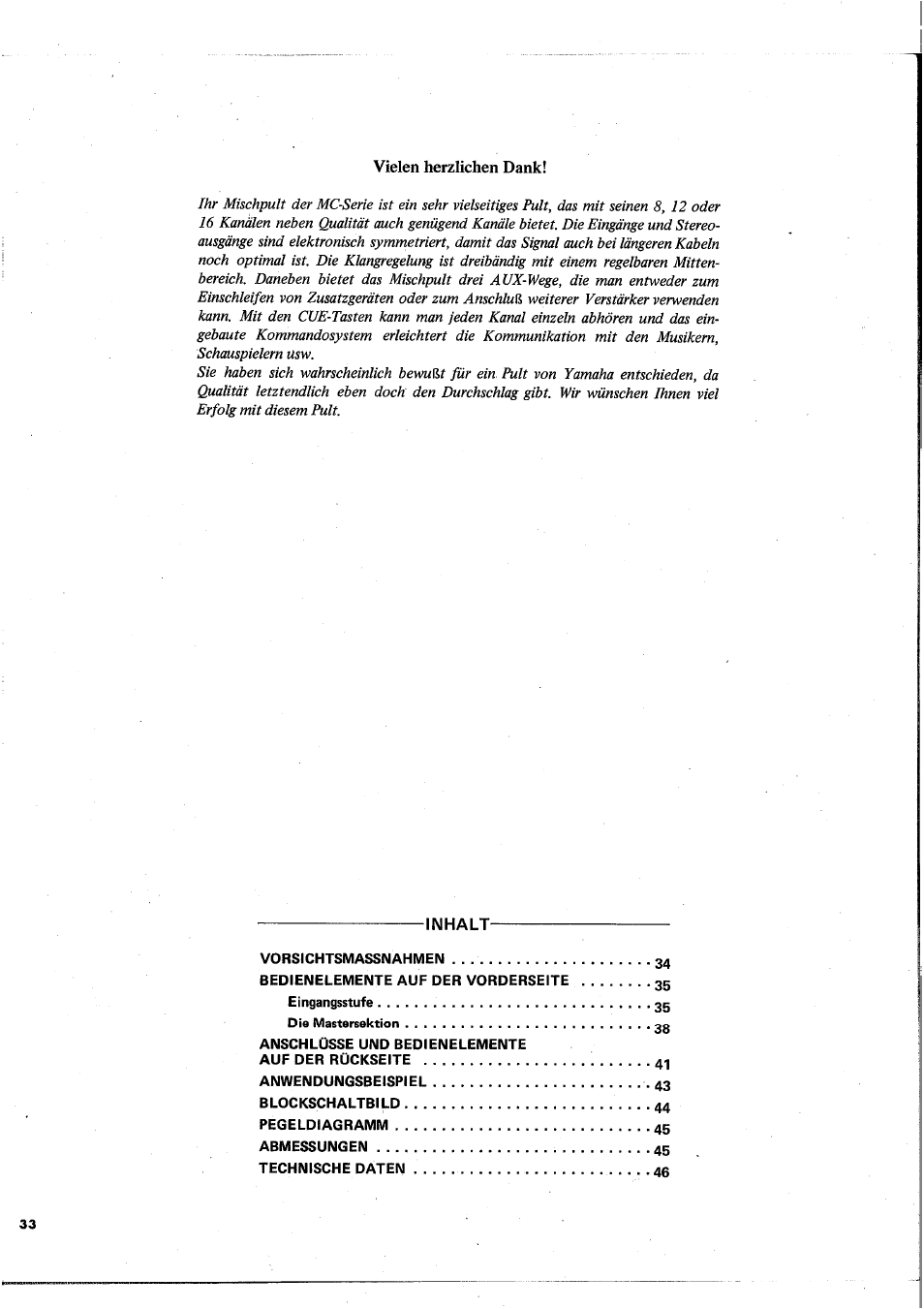 Vielen herzlichen dank, Inhalt | Yamaha MC1602 User Manual | Page 34 / 48