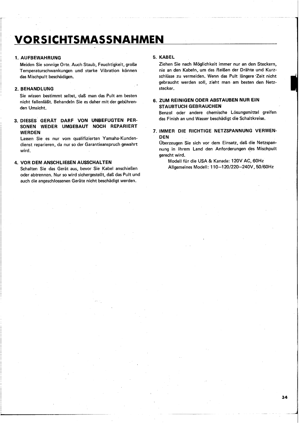 Vorsichtsmassnahmen | Yamaha MC1602 User Manual | Page 35 / 48