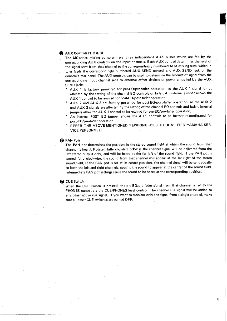 0 aux controls (1,2 &3), Pan pots, Ql cue switch | Yamaha MC1602 User Manual | Page 5 / 48