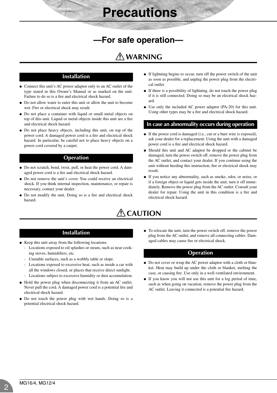 Precautions, For safe operation, Warning | Caution | Yamaha 12/4 User Manual | Page 2 / 32