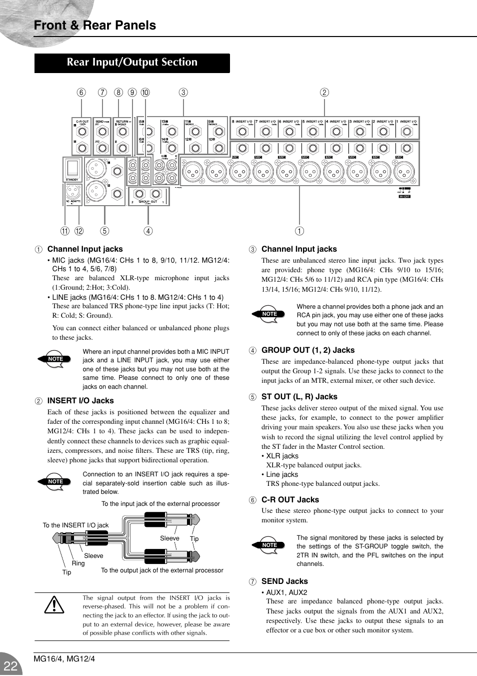 Rear input/output section, Front & rear panels | Yamaha 12/4 User Manual | Page 22 / 32