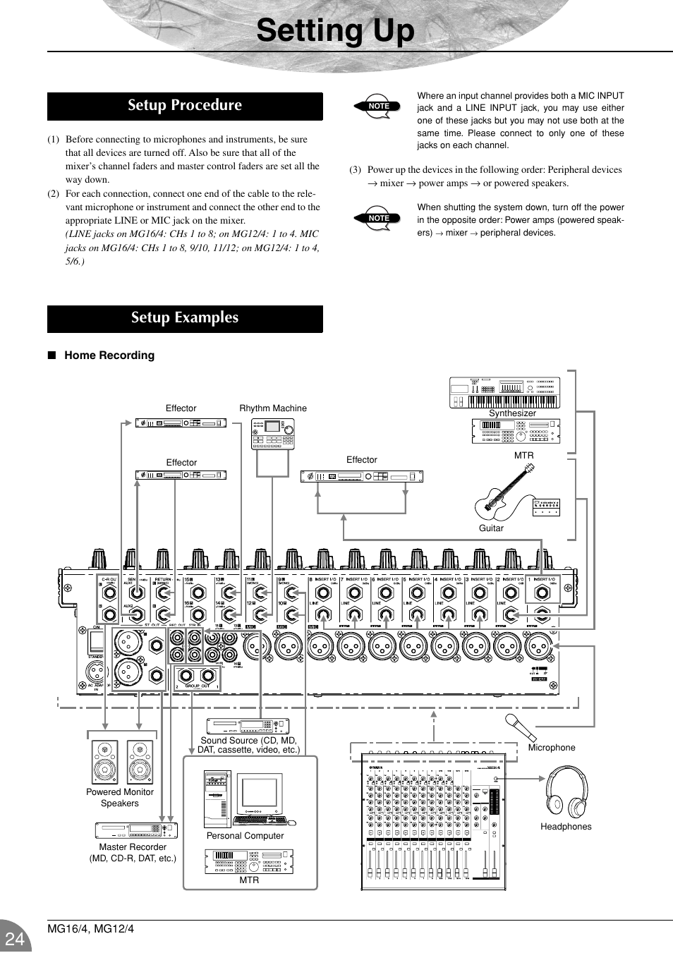 Setting up, Setup procedure, Setup examples | Yamaha 12/4 User Manual | Page 24 / 32