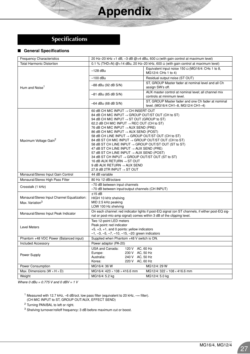 Appendix, Specifications, General specifications | Yamaha 12/4 User Manual | Page 27 / 32