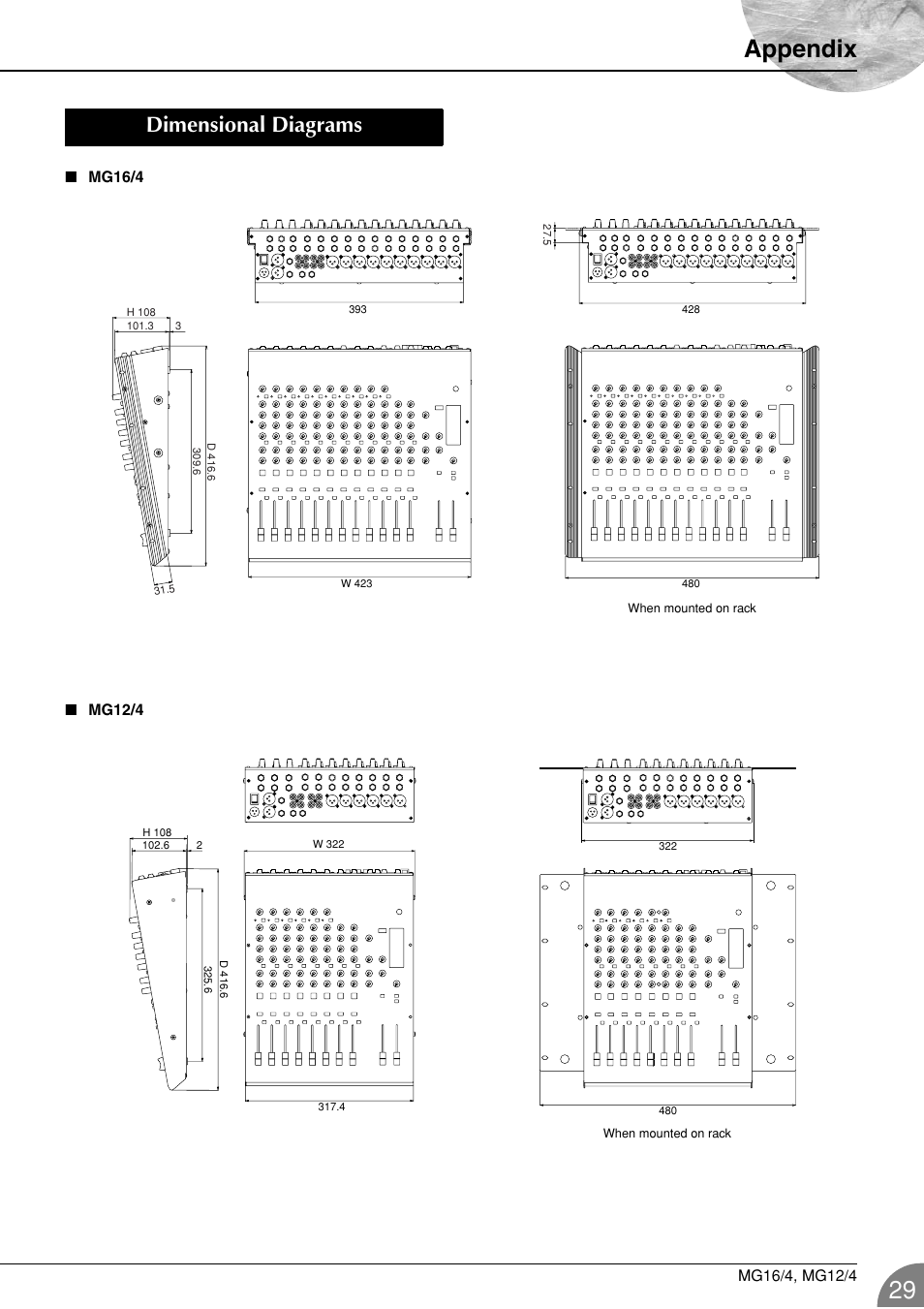 Dimensional diagrams, Appendix | Yamaha 12/4 User Manual | Page 29 / 32