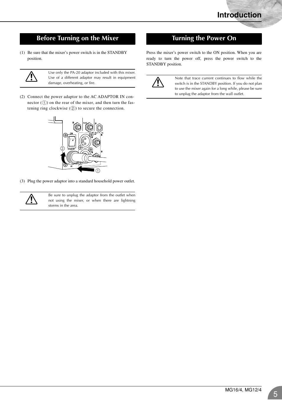 Before turning on the mixer, Turning the power on, Introduction | Yamaha 12/4 User Manual | Page 5 / 32
