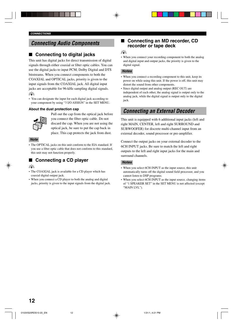 Connecting audio components, Connecting an external decoder, Connecting to digital jacks | Connecting a cd player y | Yamaha HTR-5450RDS User Manual | Page 14 / 71