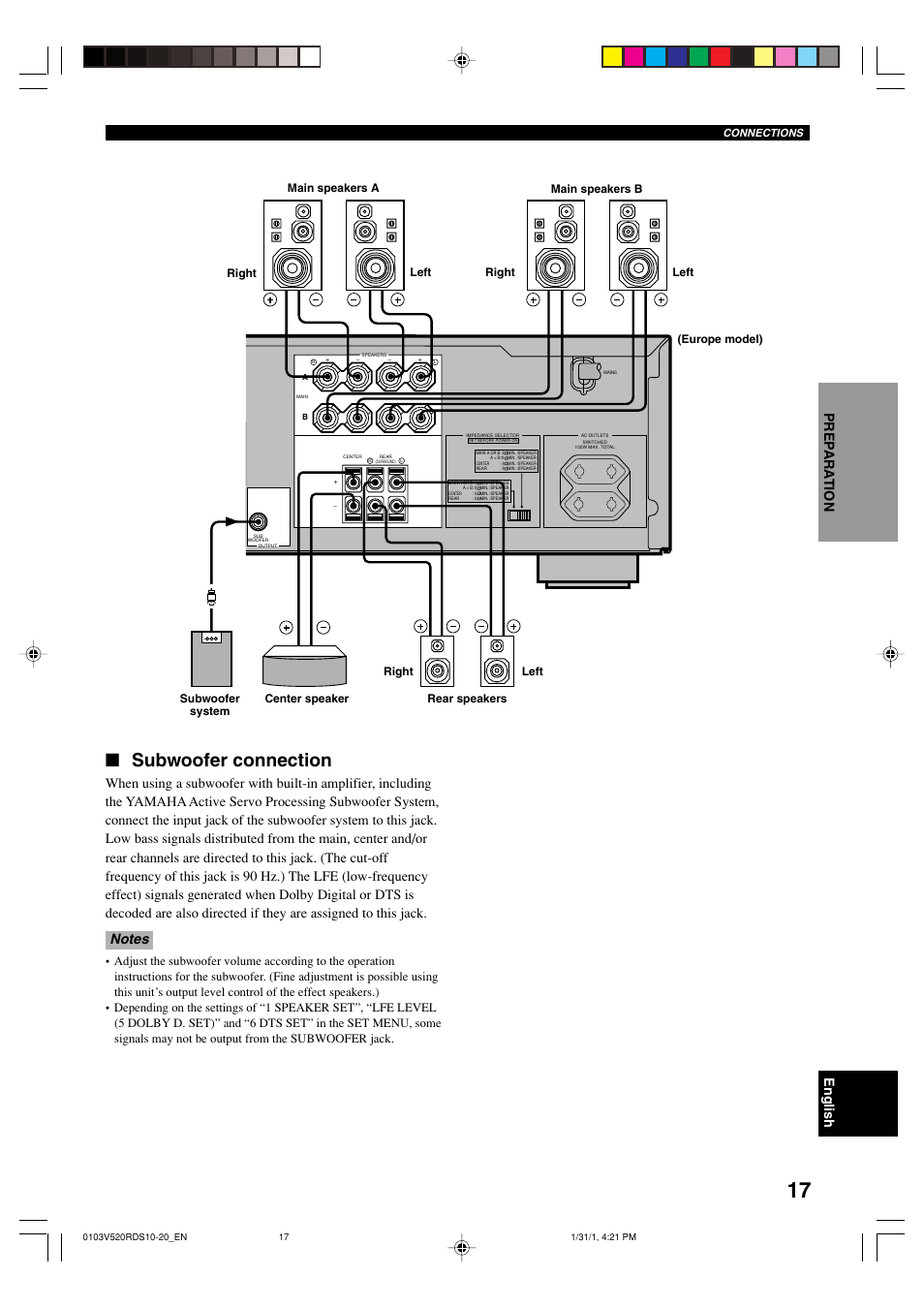 Subwoofer connection | Yamaha HTR-5450RDS User Manual | Page 19 / 71