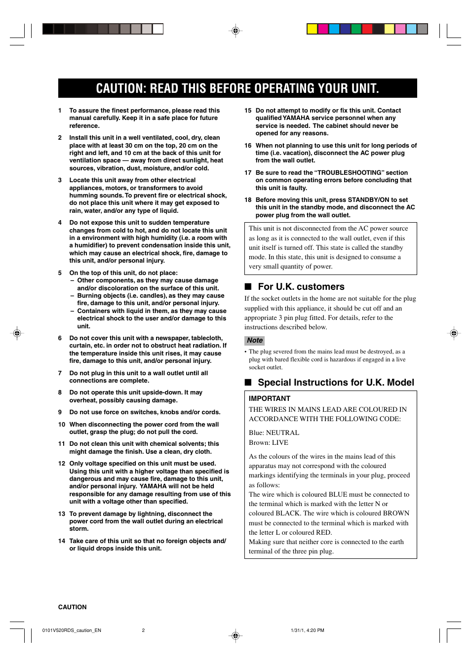 English, Caution, Caution: read this before operating your unit | For u.k. customers, Special instructions for u.k. model | Yamaha HTR-5450RDS User Manual | Page 2 / 71