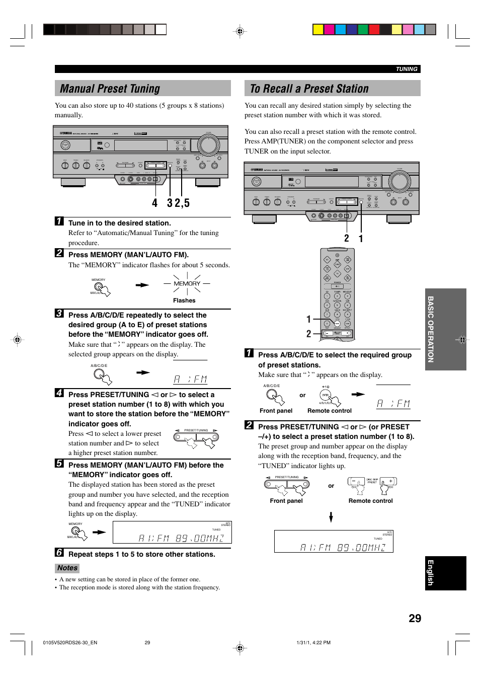 Manual preset tuning, To recall a preset station, Tuning | Yamaha HTR-5450RDS User Manual | Page 31 / 71