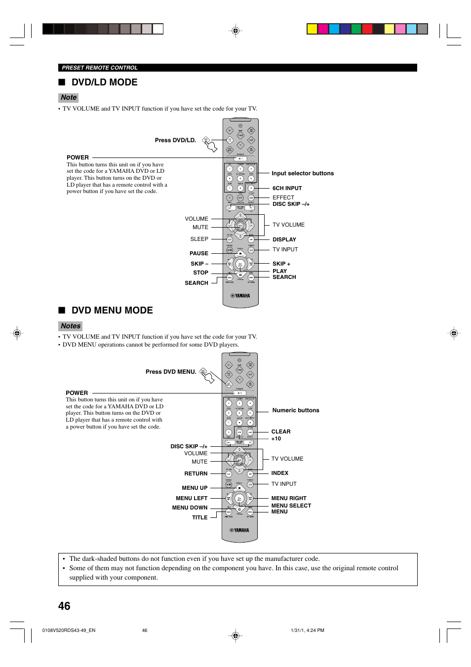 Dvd/ld mode, Dvd menu mode | Yamaha HTR-5450RDS User Manual | Page 48 / 71