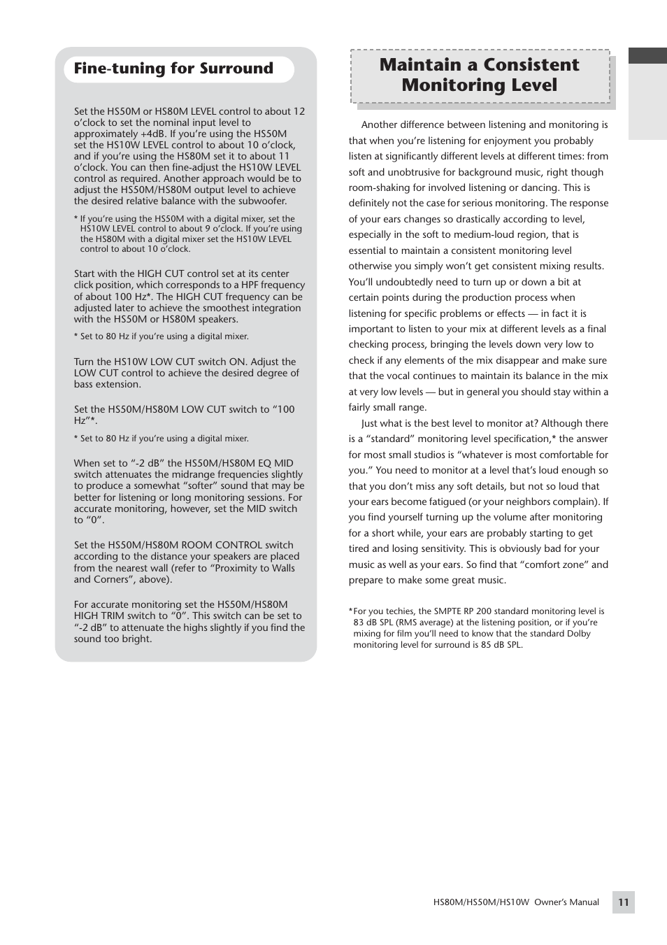 Maintain a consistent monitoring level, Fine-tuning for surround, English | Yamaha HS 50M User Manual | Page 11 / 16