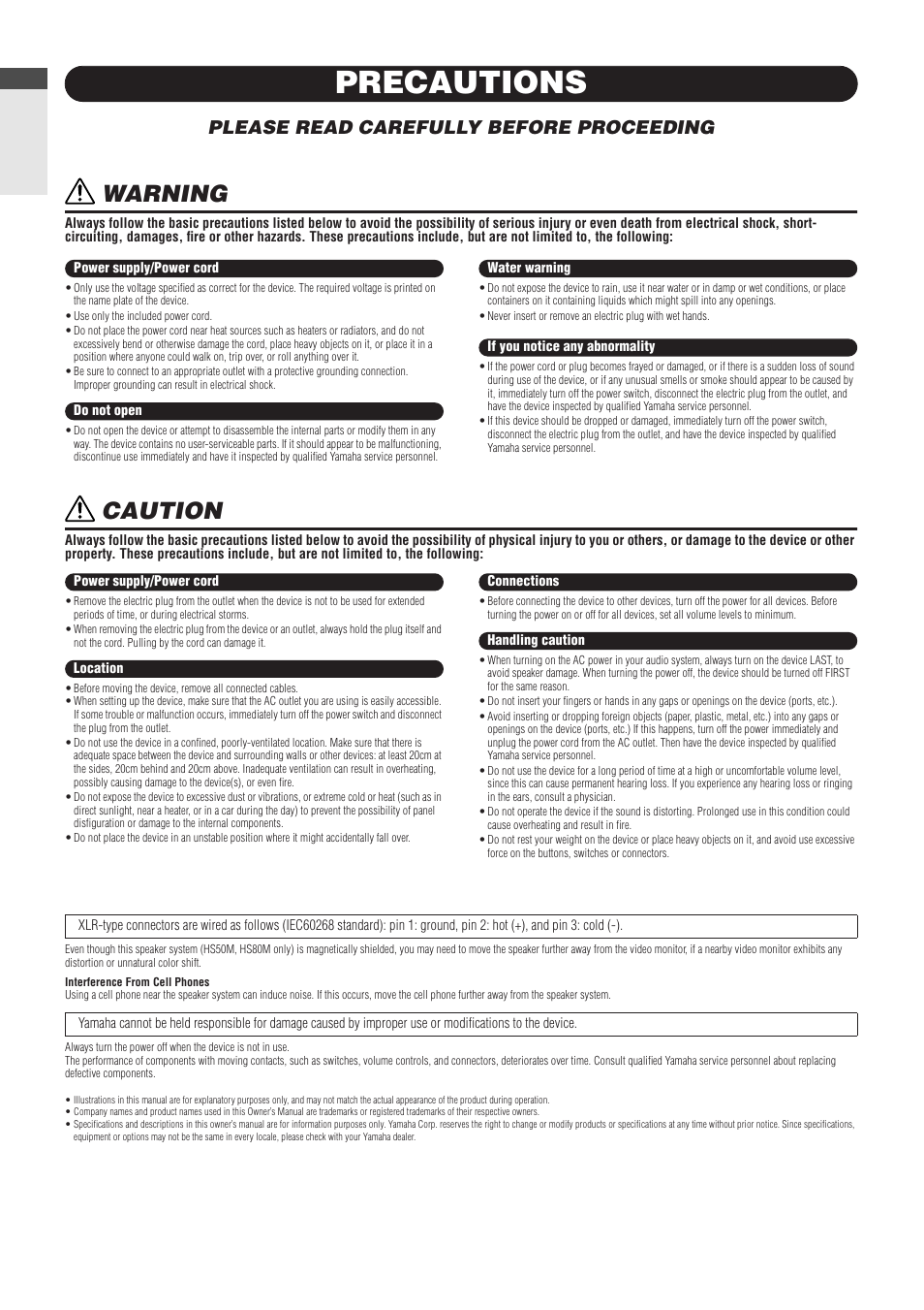 Precautions, Warning, Caution | English, Please read carefully before proceeding | Yamaha HS 50M User Manual | Page 4 / 16