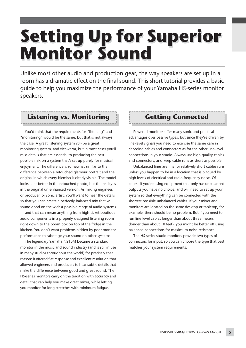 Setting up for superior monitor sound, Listening vs. monitoring, Getting connected | English | Yamaha HS 50M User Manual | Page 5 / 16