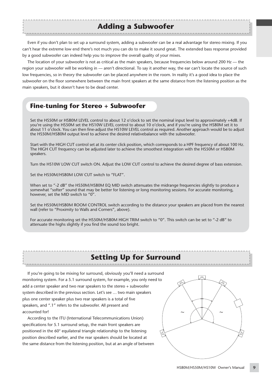 Adding a subwoofer, Setting up for surround, Fine-tuning for stereo + subwoofer | English | Yamaha HS 50M User Manual | Page 9 / 16