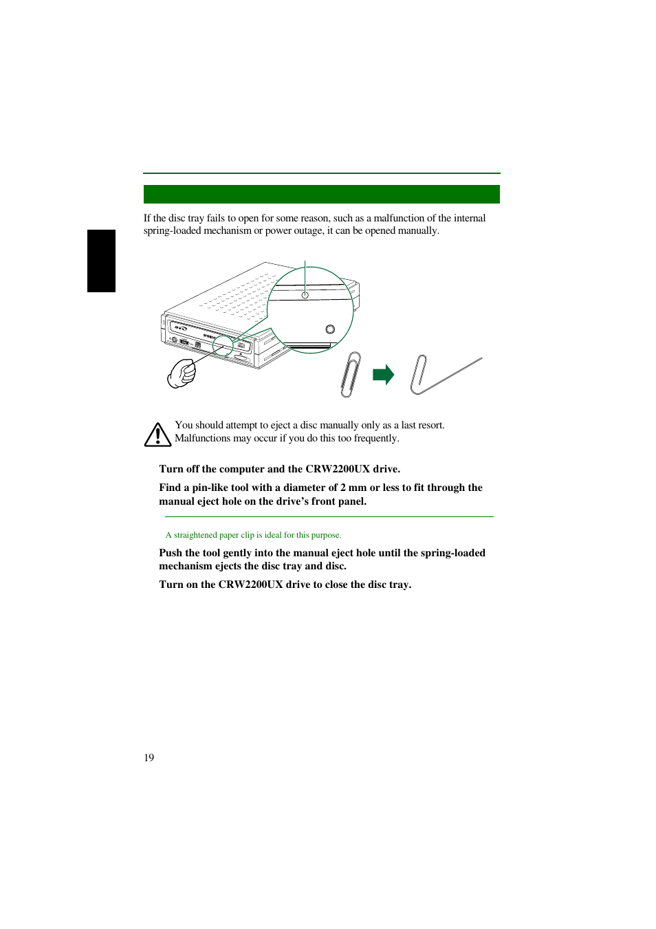 Ejecting a disc in an emergency, P. 19) | Yamaha CRW2200UX User Manual | Page 27 / 45