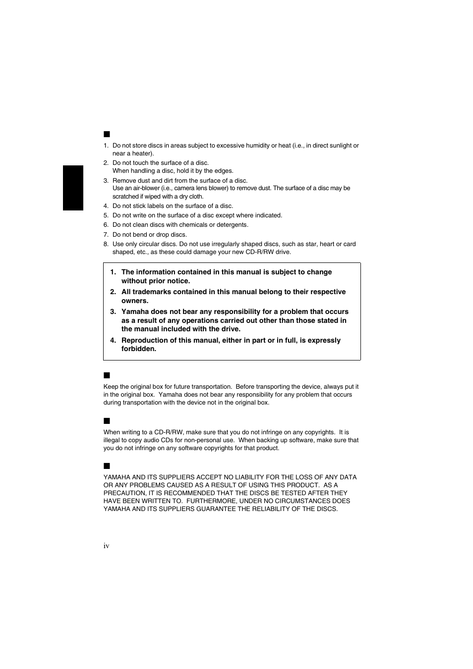 About handling cd-r/rw discs, Precautions for transportation, Copyrights | Warranty | Yamaha CRW2200UX User Manual | Page 7 / 45