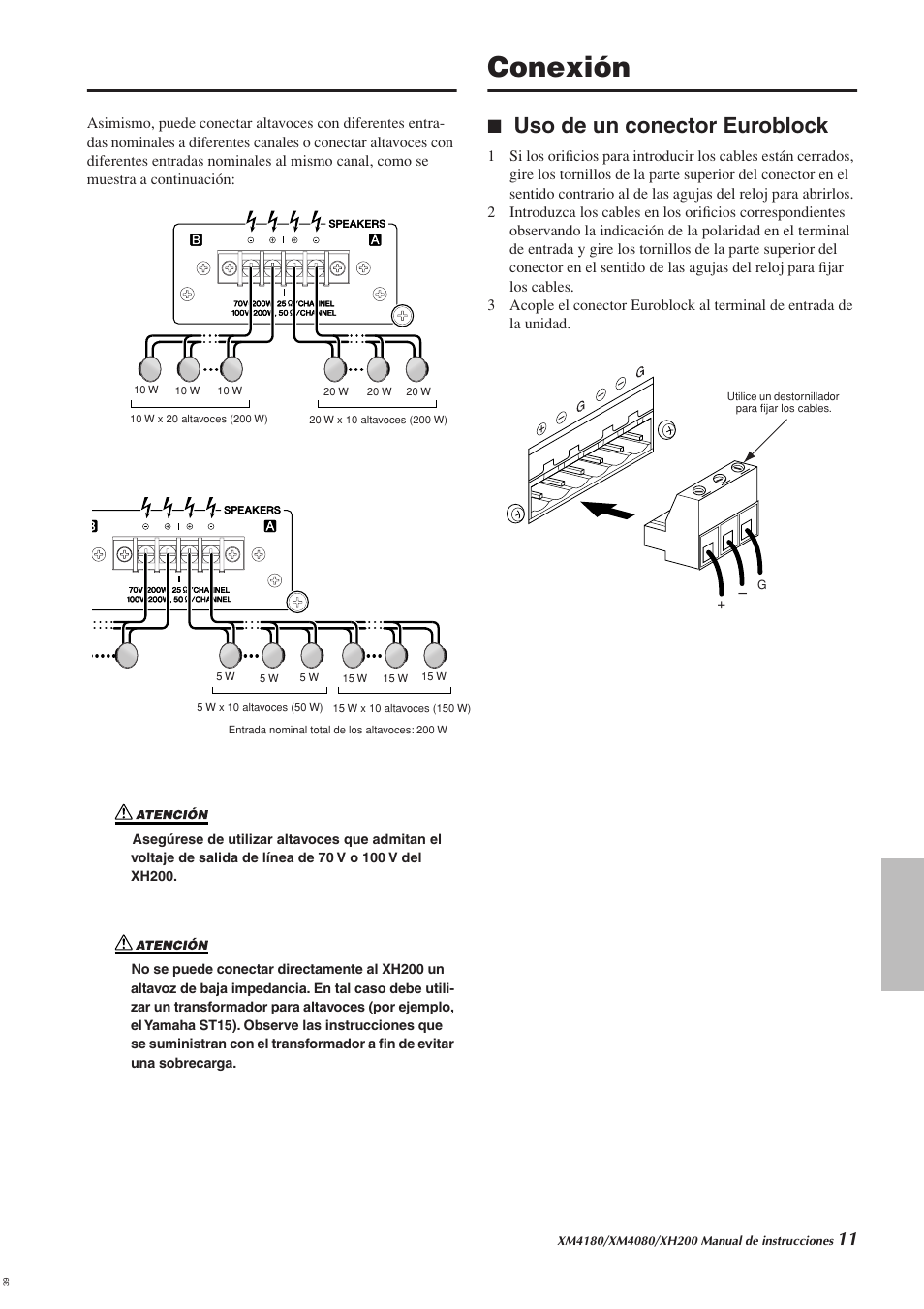 Conexión, Uso de un conector euroblock | Yamaha XH200 User Manual | Page 10 / 17