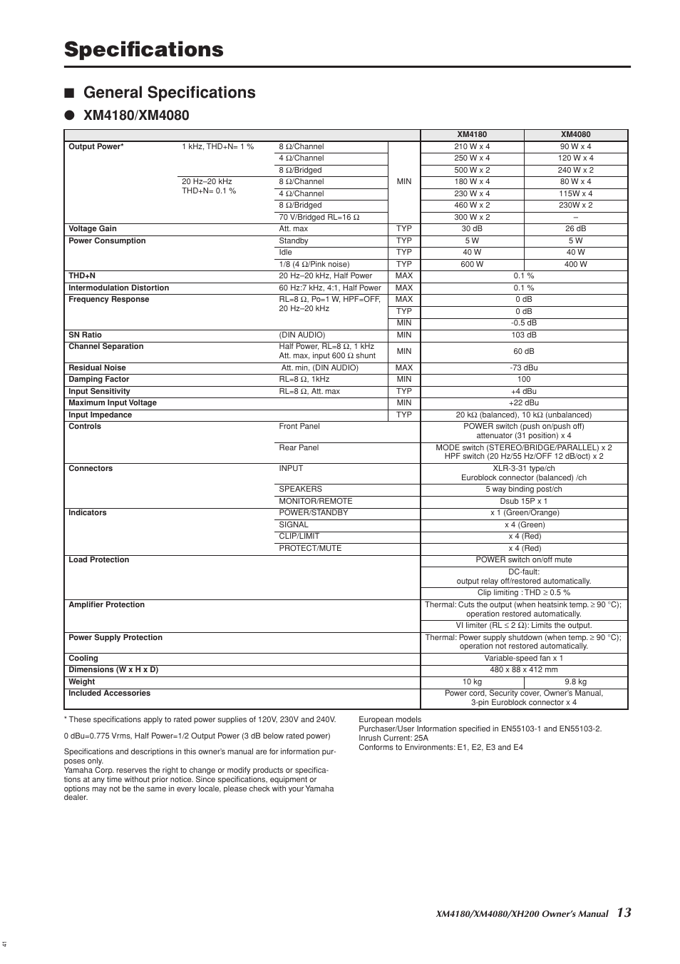 Specifications, General specifications | Yamaha XH200 User Manual | Page 12 / 17