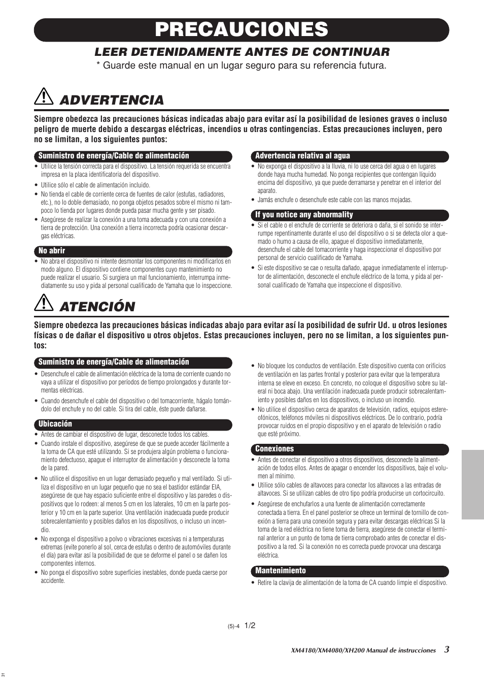 Precauciones, Advertencia, Atención | Leer detenidamente antes de continuar | Yamaha XH200 User Manual | Page 2 / 17