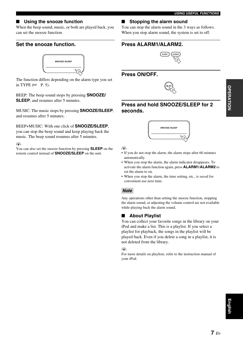 P. 7, Set the snooze function | Yamaha TSX-120 User Manual | Page 11 / 22