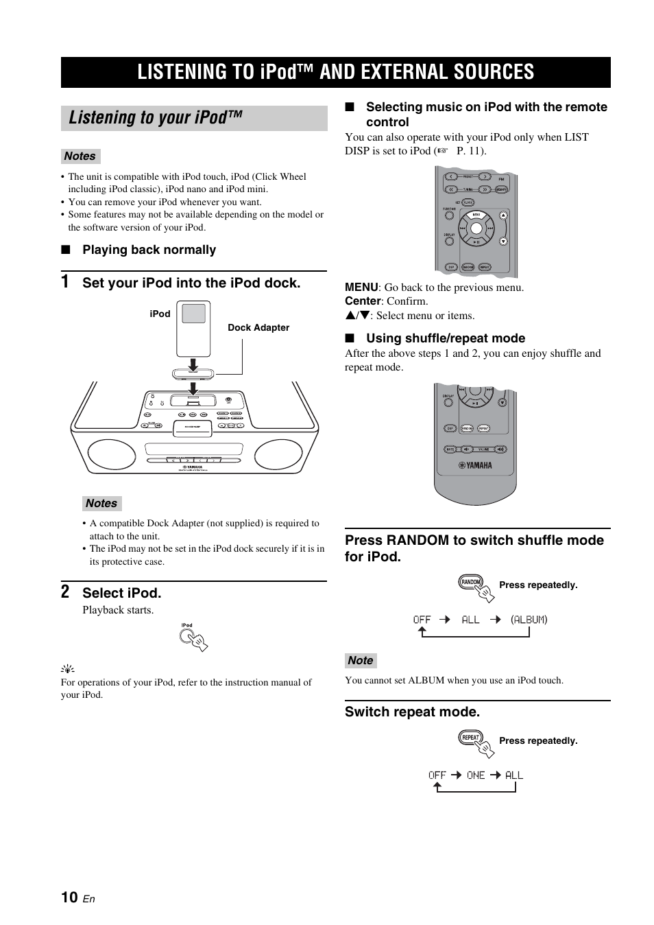 Listening to ipod™ and external sources, Listening to your ipod, Listening to ipod™ and external | Sources, Od dock, P. 10) | Yamaha TSX-120 User Manual | Page 14 / 22