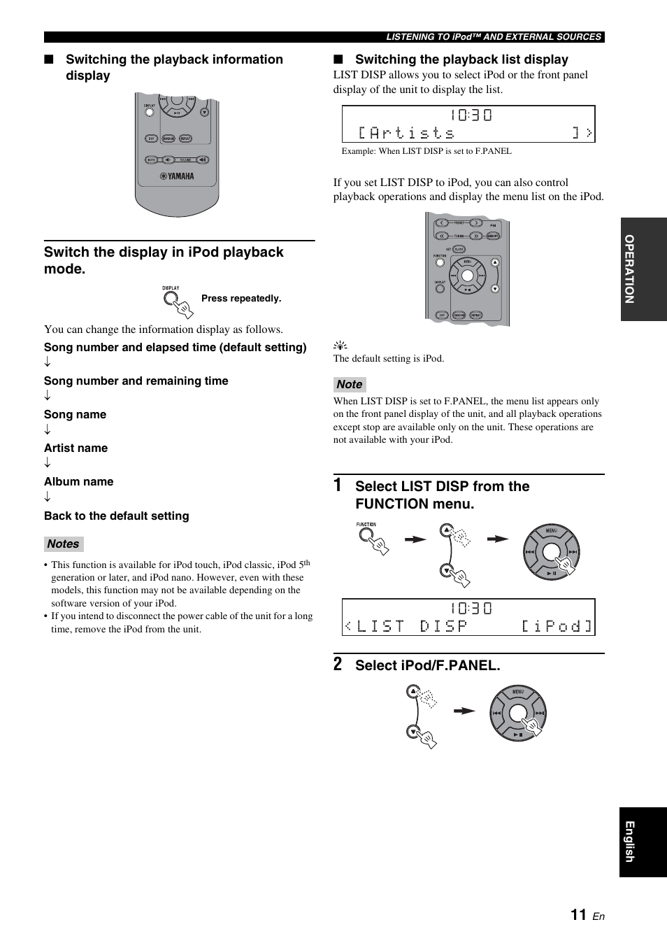 P. 11), Switch the display in ipod playback mode, Select list disp from the function menu | Select ipod/f.panel | Yamaha TSX-120 User Manual | Page 15 / 22