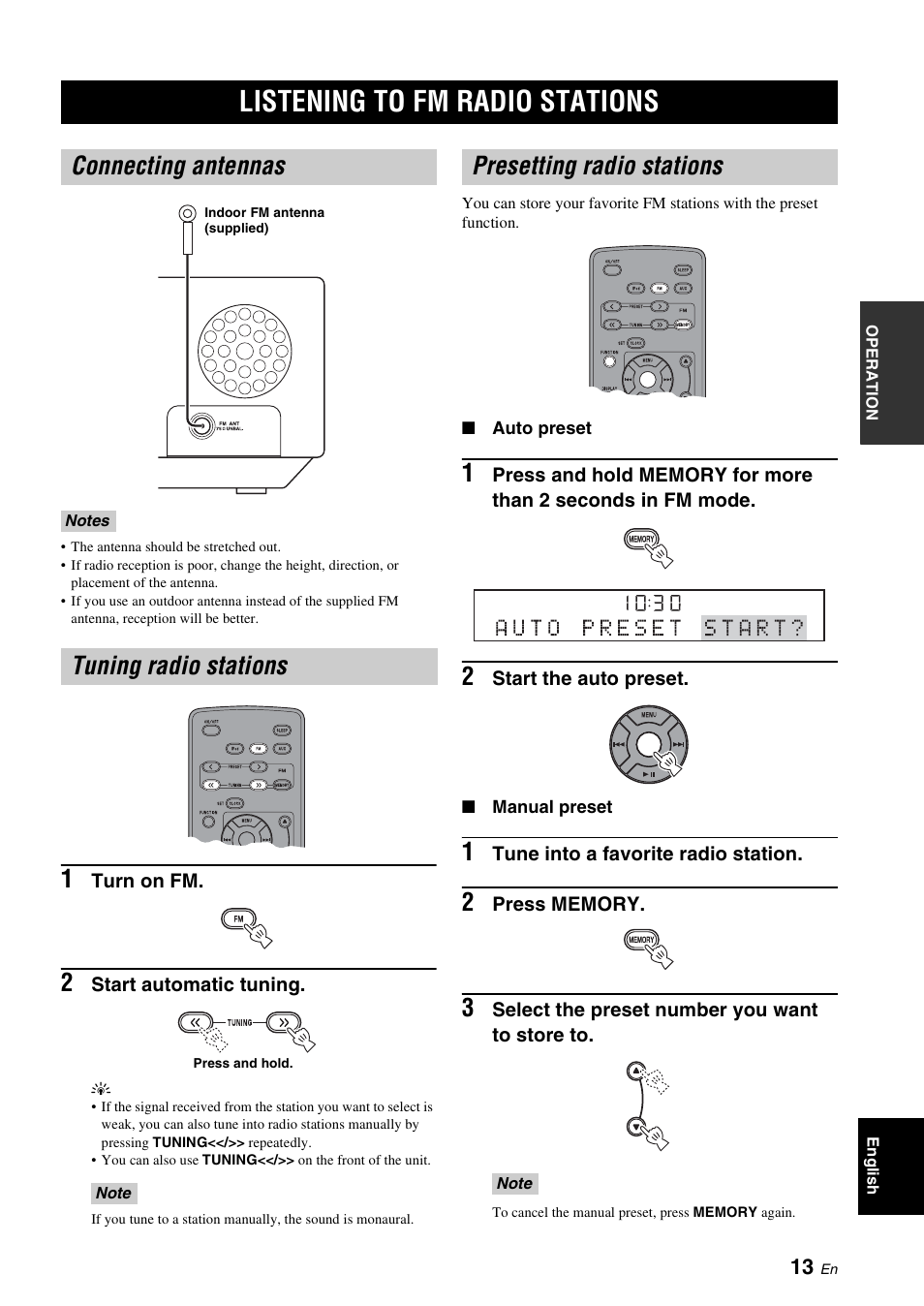 Listening to fm radio stations, Connecting antennas, Tuning radio stations | Presetting radio stations, P. 13) | Yamaha TSX-120 User Manual | Page 17 / 22