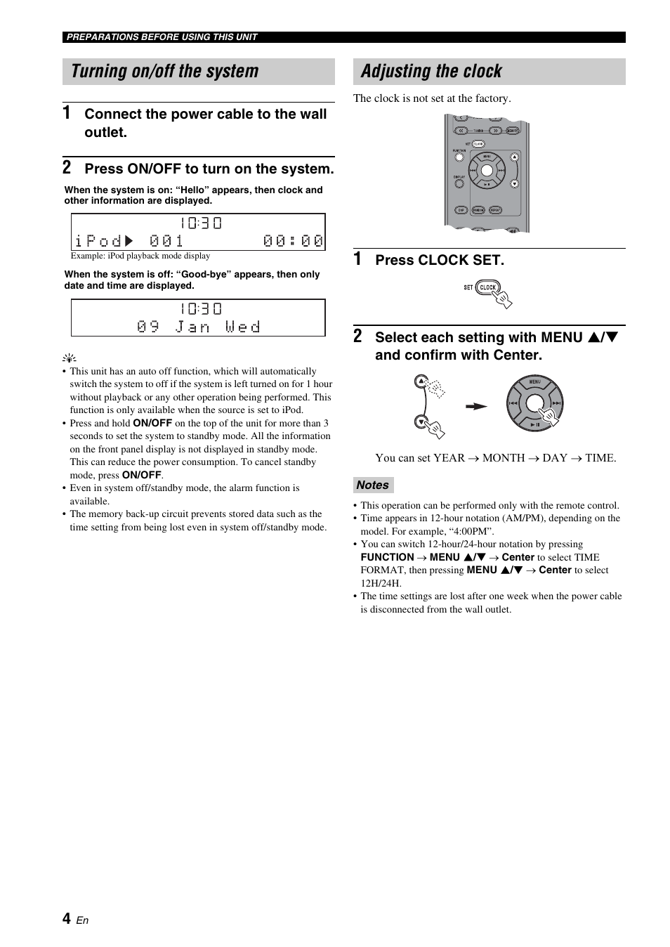 Turning on/off the system, Adjusting the clock, Turning on/off the system adjusting the clock | P. 4, P. 4) | Yamaha TSX-120 User Manual | Page 8 / 22