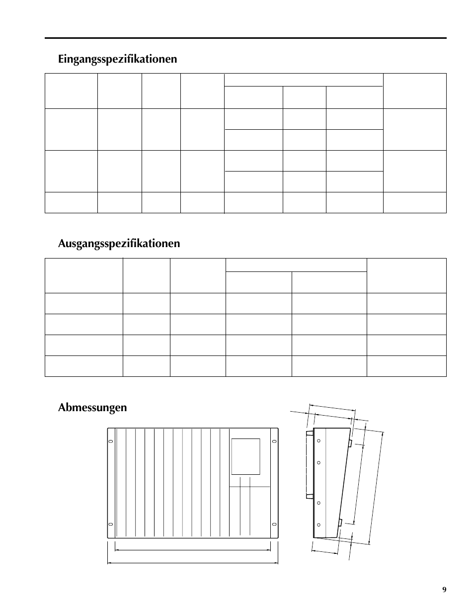 Eingangsspezifikationen, Ausgangsspezifikationen, Abmessungen | Yamaha MM1242 User Manual | Page 36 / 50