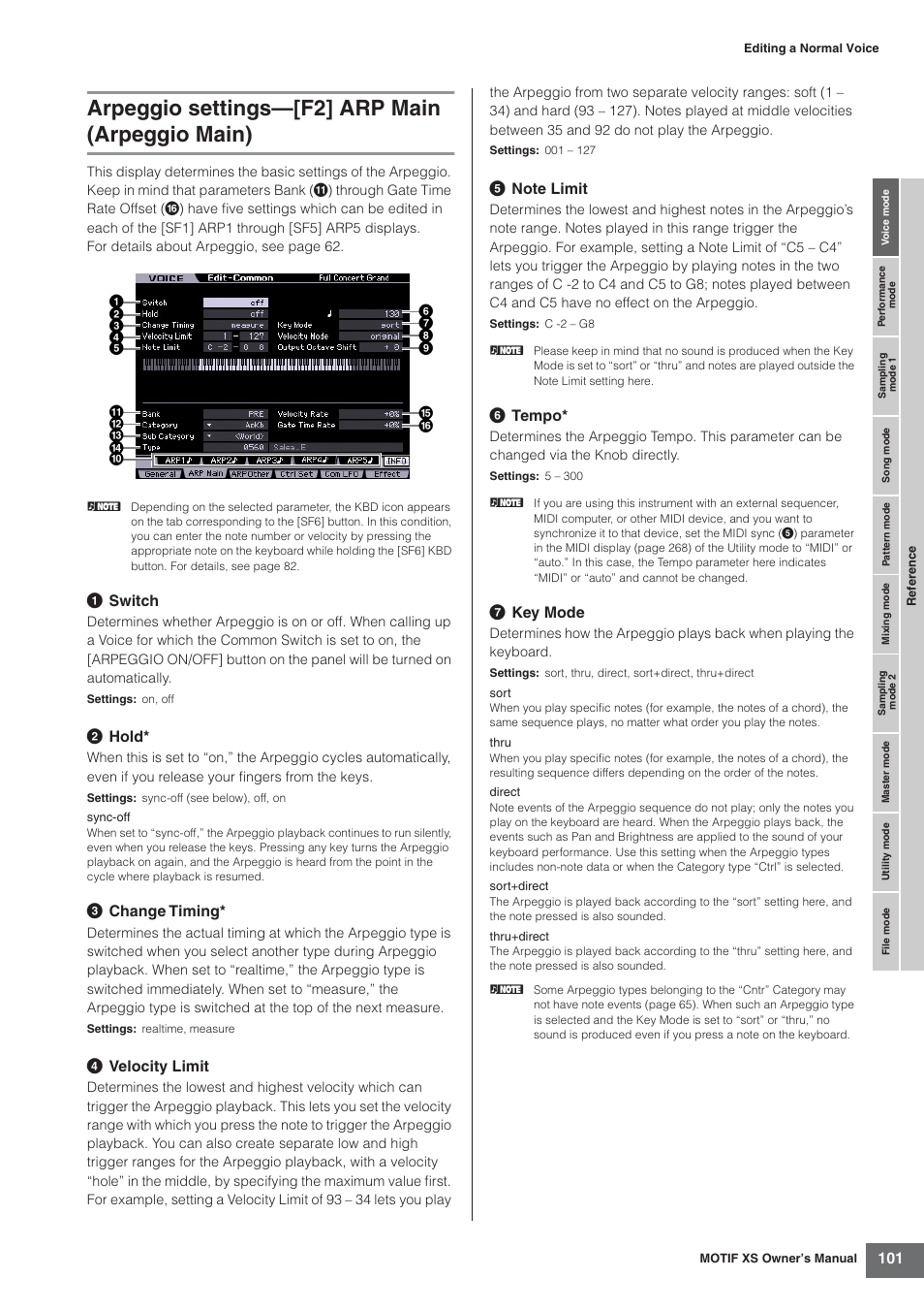 Arpeggio settings-[f2] arp main (arpeggio main), Arpeggio settings—[f2] arp main (arpeggio main) | Yamaha MOTIF XS7  EN User Manual | Page 101 / 320