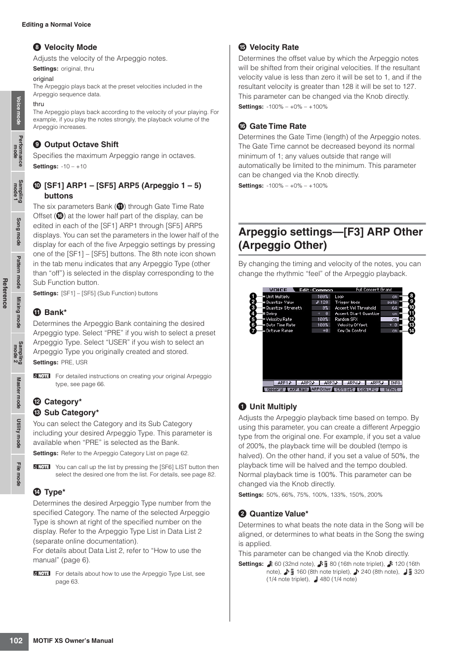 Arpeggio settings-[f3] arp other (arpeggio other), Arpeggio settings—[f3] arp other (arpeggio other) | Yamaha MOTIF XS7  EN User Manual | Page 102 / 320