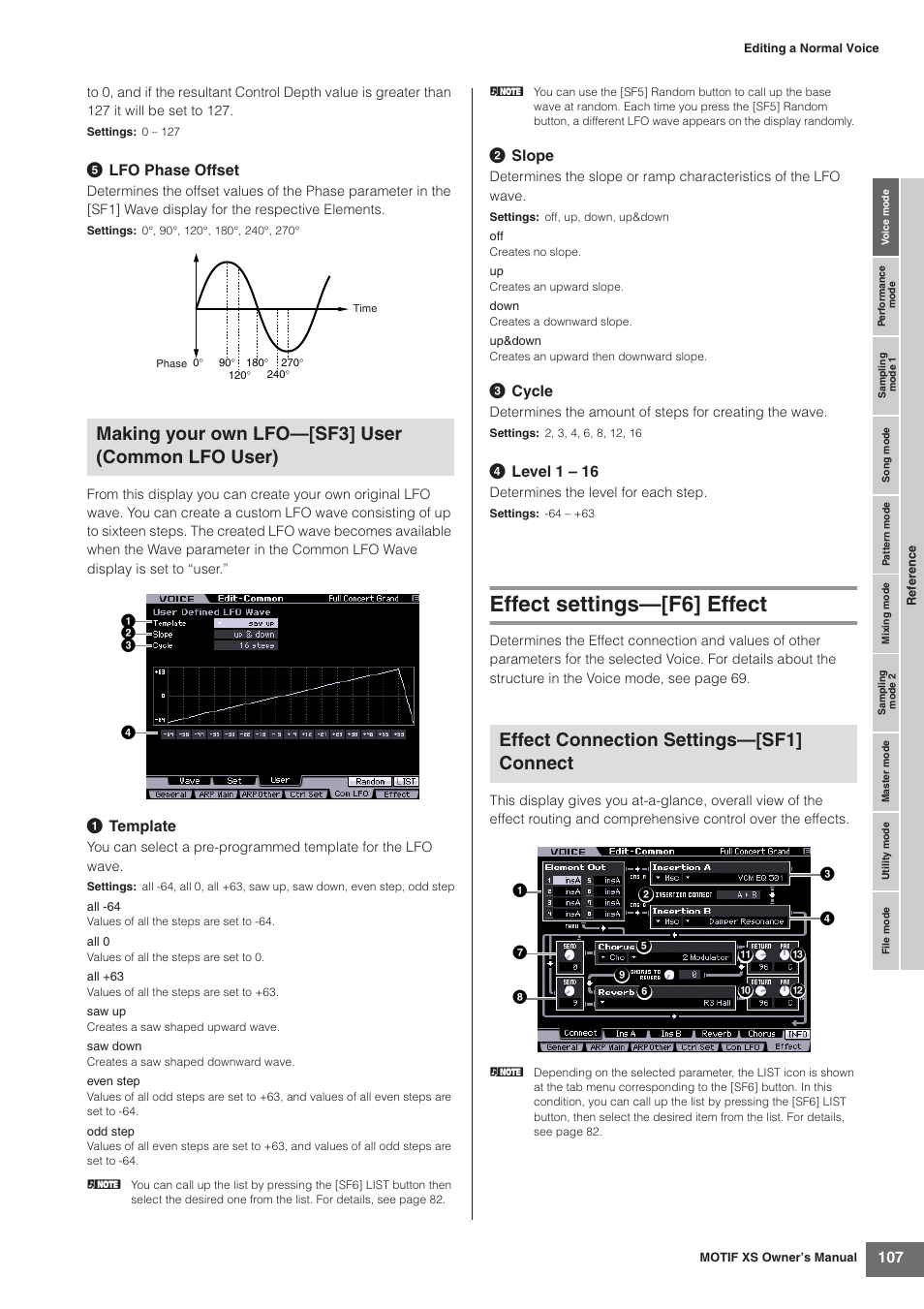 Effect settings-[f6] effect, Effect settings—[f6] effect, Making your own lfo—[sf3] user (common lfo user) | Effect connection settings—[sf1] connect | Yamaha MOTIF XS7  EN User Manual | Page 107 / 320