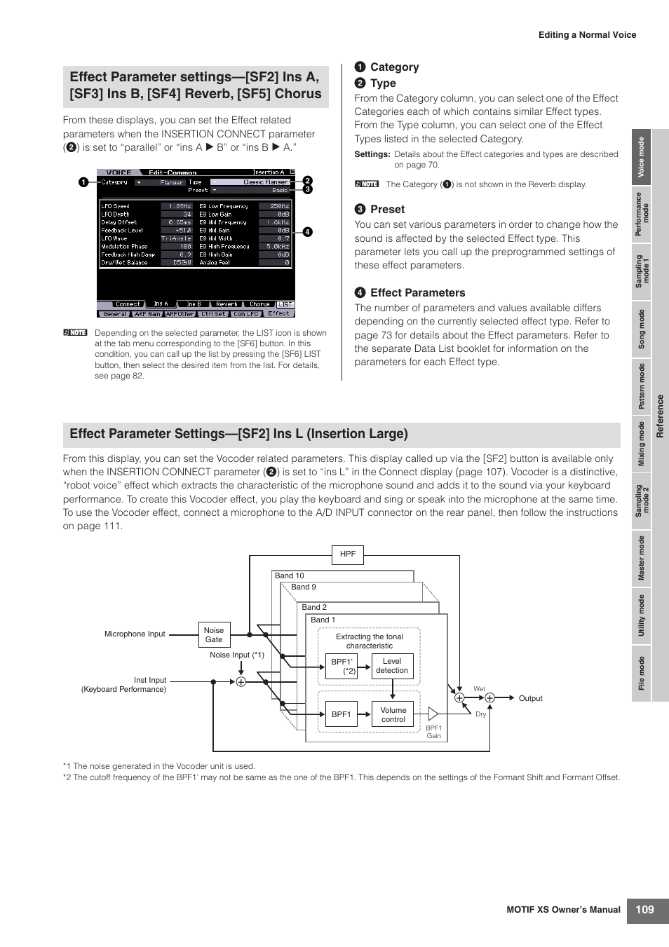 1 category 2 type, 3 preset, 4 effect parameters | Yamaha MOTIF XS7  EN User Manual | Page 109 / 320