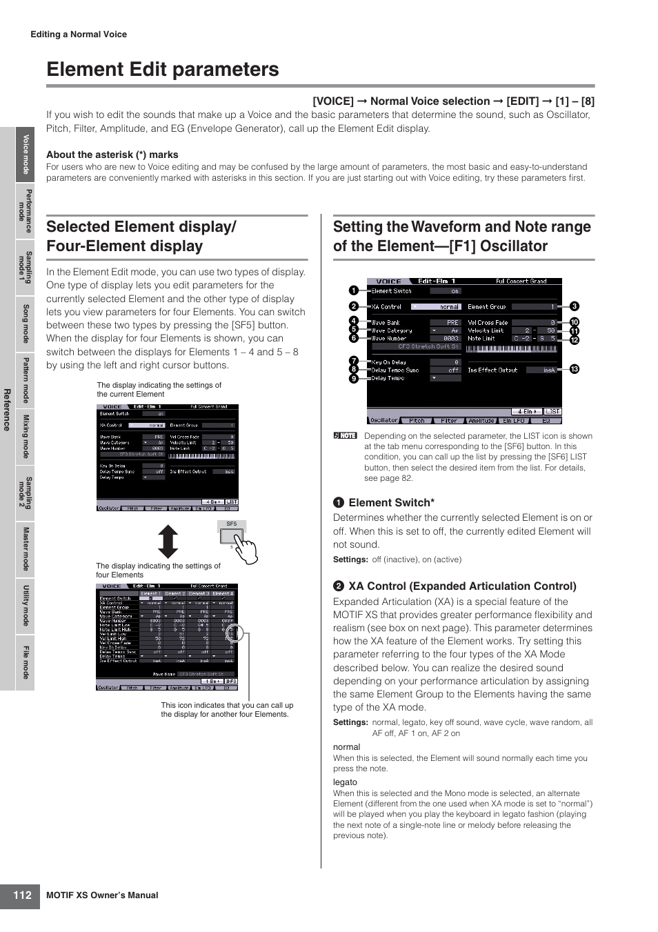 Element edit parameters, Selected element display/ four-element display | Yamaha MOTIF XS7  EN User Manual | Page 112 / 320