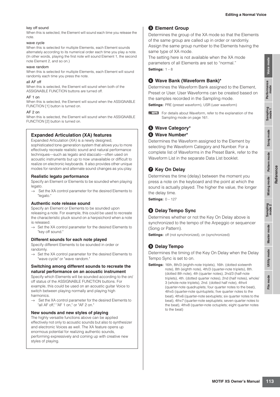 3 element group, 4 wave bank (waveform bank), 5 wave category* 6 wave number | 7 key on delay, 8 delay tempo sync, 9 delay tempo, Expanded articulation (xa) features | Yamaha MOTIF XS7  EN User Manual | Page 113 / 320