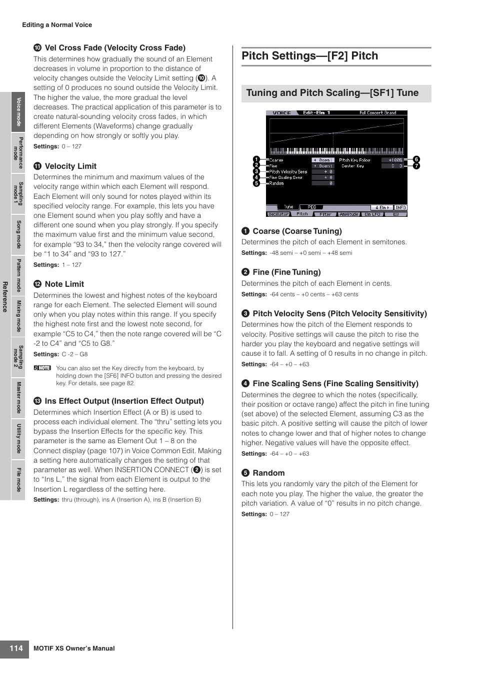 Pitch settings-[f2] pitch, Pitch settings—[f2] pitch, Tuning and pitch scaling—[sf1] tune | Yamaha MOTIF XS7  EN User Manual | Page 114 / 320