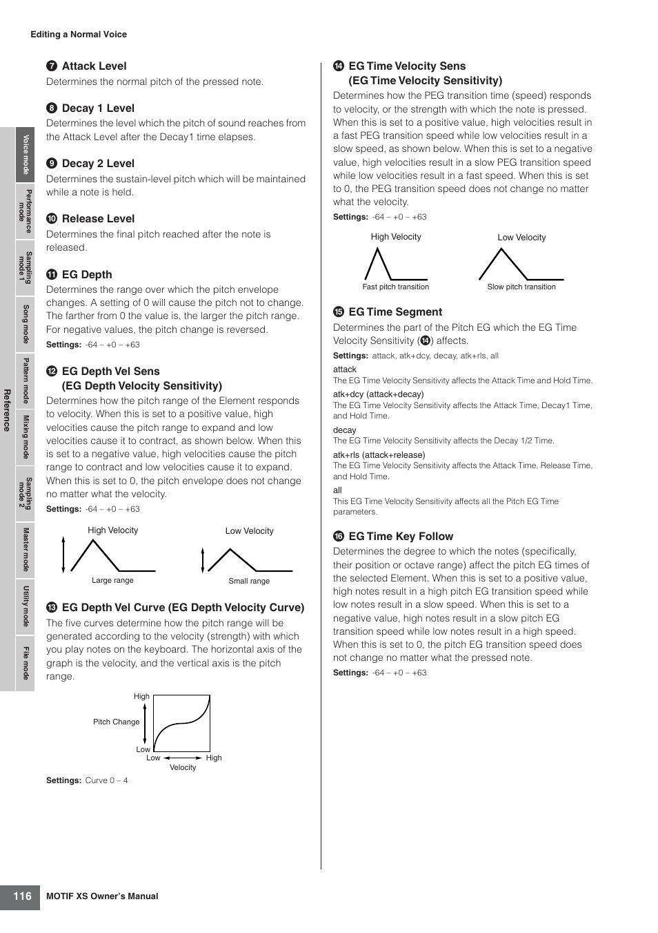 7 attack level, 8 decay 1 level, 9 decay 2 level | Release level, Eg depth, Eg depth vel sens (eg depth velocity sensitivity), Eg depth vel curve (eg depth velocity curve), Eg time segment, Eg time key follow | Yamaha MOTIF XS7  EN User Manual | Page 116 / 320