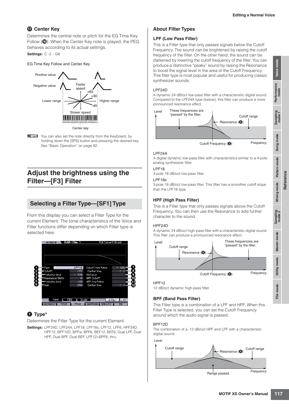 Adjust the brightness using the filter-[f3] filter, Adjust the brightness using the filter—[f3] filter, Selecting a filter type—[sf1] type | Center key, 1 type, About filter types | Yamaha MOTIF XS7  EN User Manual | Page 117 / 320