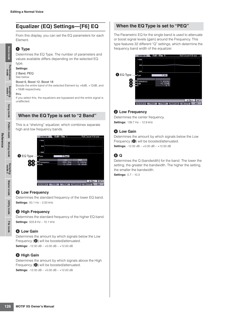 Equalizer (eq) settings-[f6] eq, Equalizer (eq) settings—[f6] eq, When the eq type is set to “2 band | When the eq type is set to “peq | Yamaha MOTIF XS7  EN User Manual | Page 126 / 320