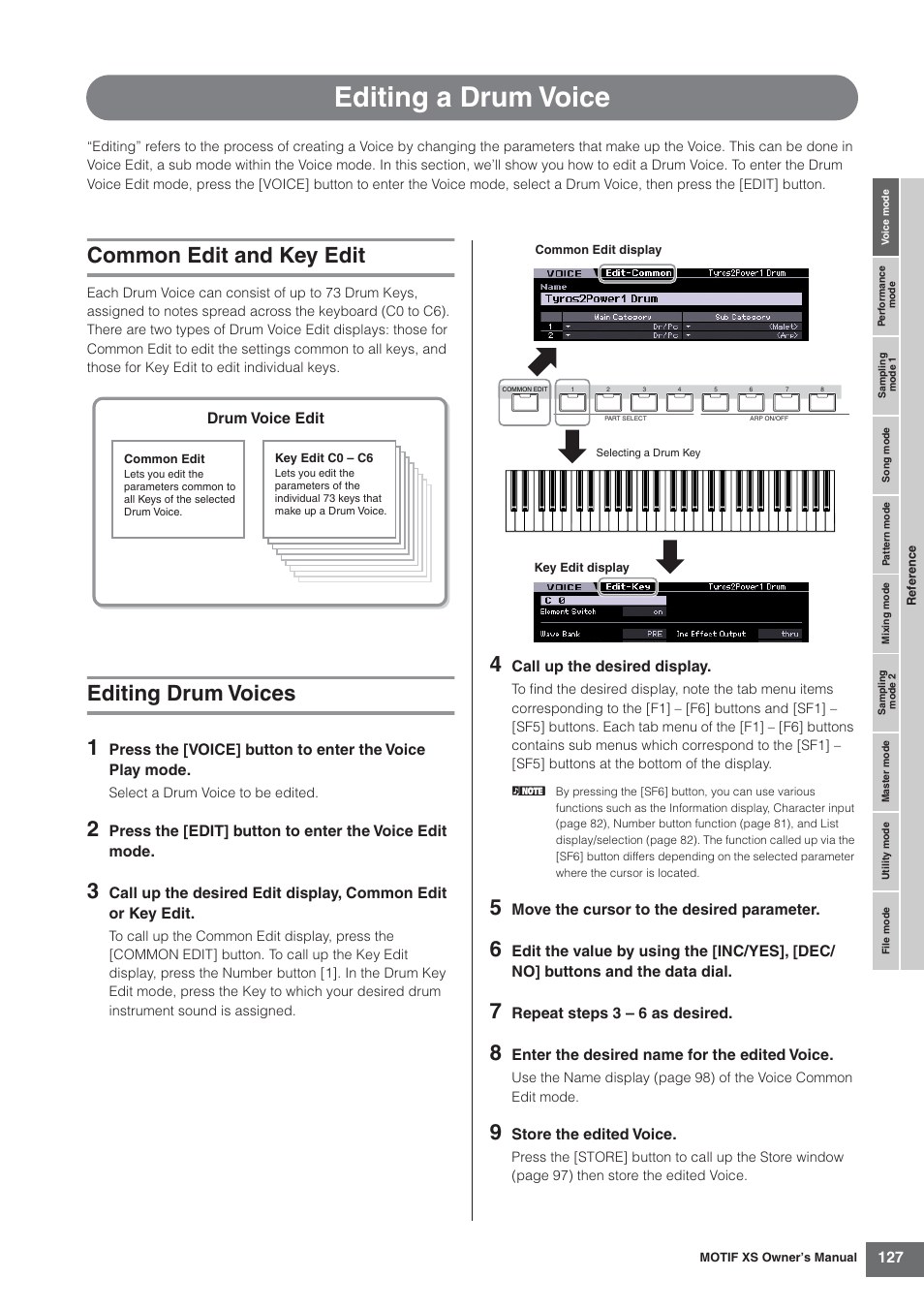 Editing a drum voice, Common edit and key edit, Editing drum voices | Editing drum voices 1 | Yamaha MOTIF XS7  EN User Manual | Page 127 / 320