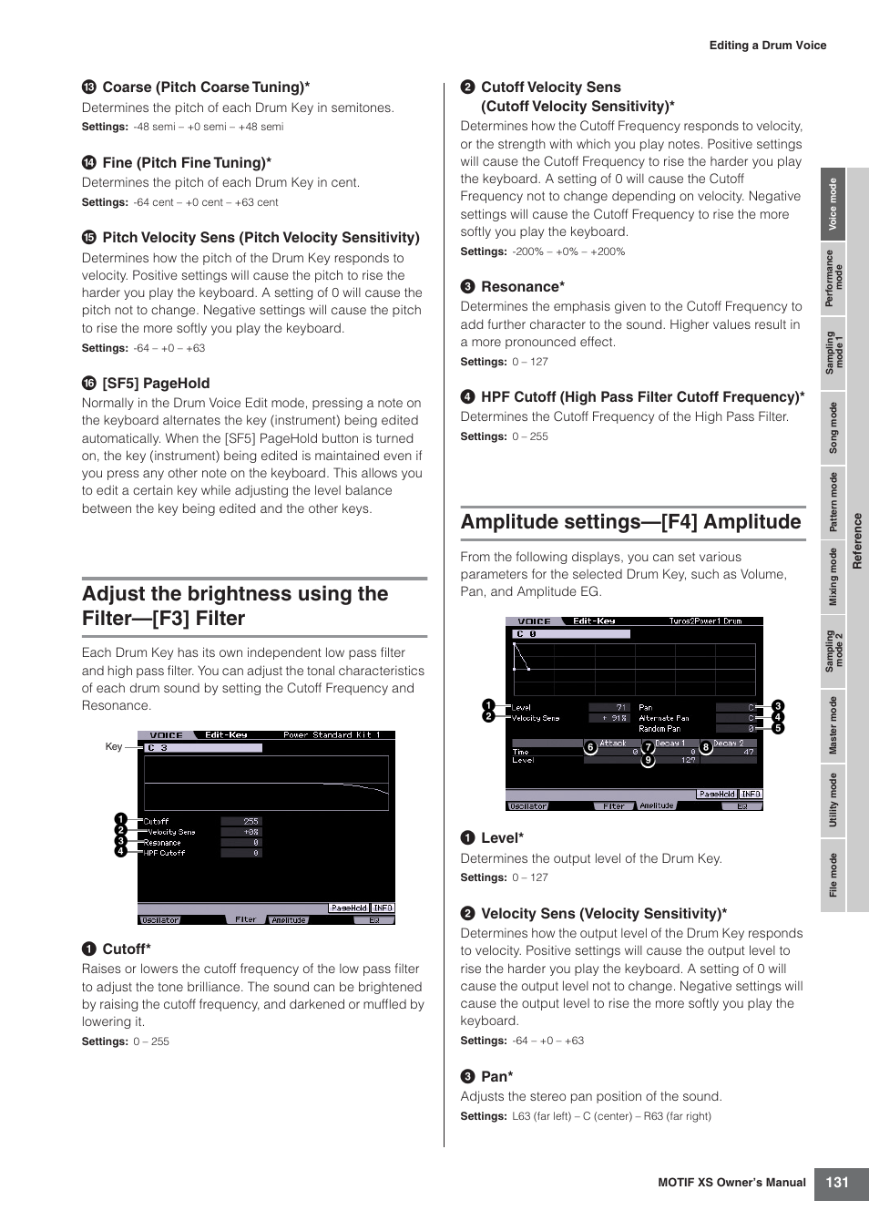 Adjust the brightness using the filter-[f3] filter, Amplitude settings-[f4] amplitude, Adjust the brightness using the filter—[f3] filter | Amplitude settings—[f4] amplitude | Yamaha MOTIF XS7  EN User Manual | Page 131 / 320