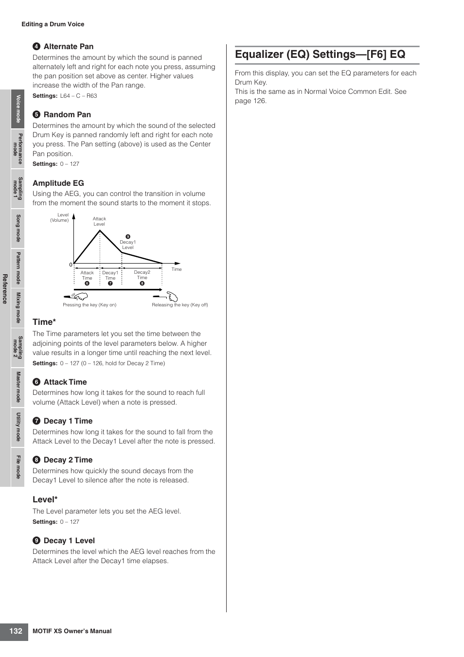 Equalizer (eq) settings-[f6] eq, Equalizer (eq) settings—[f6] eq, Time | Level, 4 alternate pan, 5 random pan, Amplitude eg, 6 attack time, 7 decay 1 time, 8 decay 2 time | Yamaha MOTIF XS7  EN User Manual | Page 132 / 320
